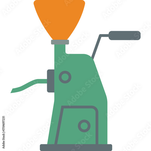 Green grain mill with orange hopper, traditional grinding machine illustration ideal for farming or food production.