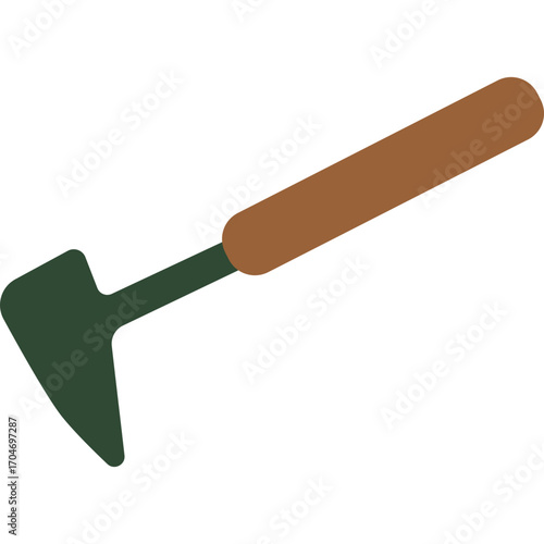 Green garden trowel with wooden handle, small digging tool illustration perfect for planting or soil work.