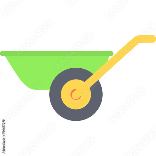 Green wheelbarrow with yellow handle and black wheel, practical gardening tool illustration ideal for yard work.

