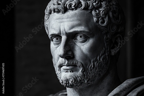 Close-up of a detailed classical stone sculpture of a male head with curly hair and beard, showing intense and contemplative expression with dramatic lighting