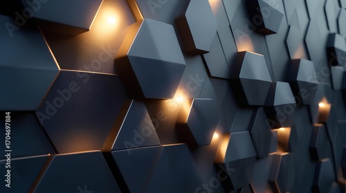 A modern, abstract close-up of a wall made of angular, textured black panels arranged in a geometric pattern