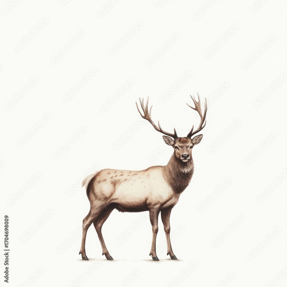 Fototapeta premium A majestic stag with large antlers standing alone on a light background with focused calm expression