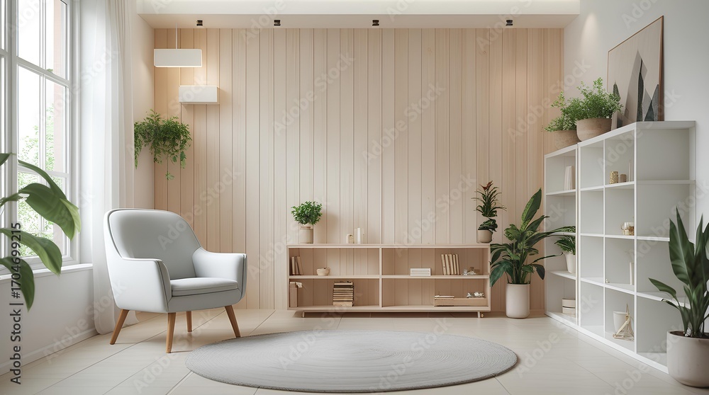 Fototapeta premium a serene and minimalist living room with a light, airy feel. Include a soft, light grey armchair with wooden legs placed on a cozy round rug 