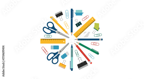 Creative arrangement of assorted stationery supplies arranged in a circular pattern for educational and office use