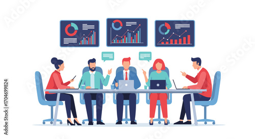 Business team discussing financial reports and data analytics in a modern meeting room environment