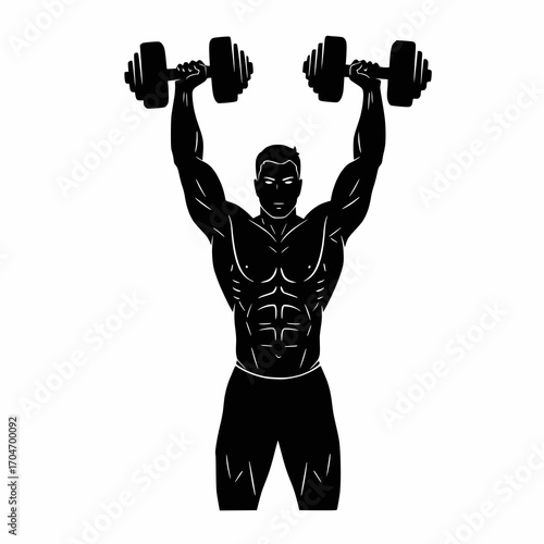 solid black vector silhouette of a man lifting dumbbells above head, white background