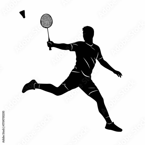 solid black vector silhouette of a badminton player jumping smash, white background