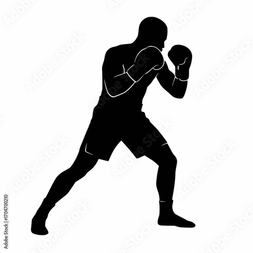 solid black vector silhouette of a boxer defending stance with gloves white background