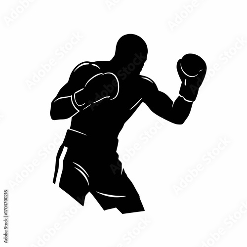 solid black vector silhouette of a boxer defending stance with gloves, white background