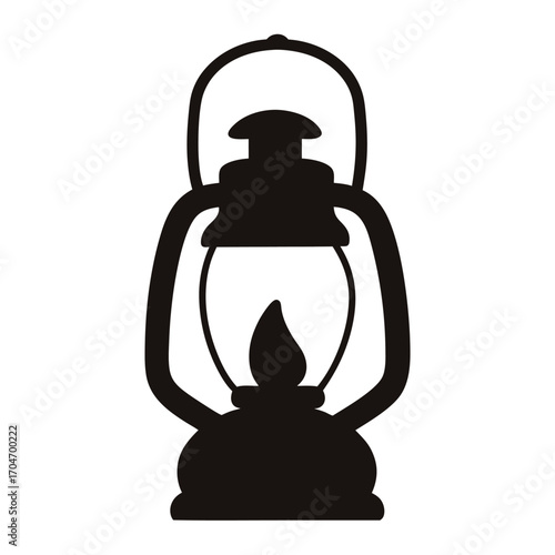 Detailed black silhouette depicts a traditional kerosene lantern with a bright flame on white