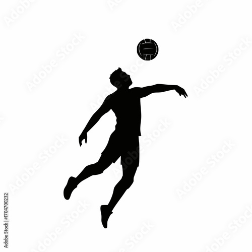 solid black vector silhouette of a volleyball player spiking ball, white background
