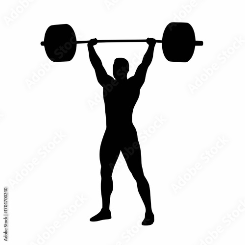 solid black vector silhouette of a weightlifter lifting barbell overhead, white background