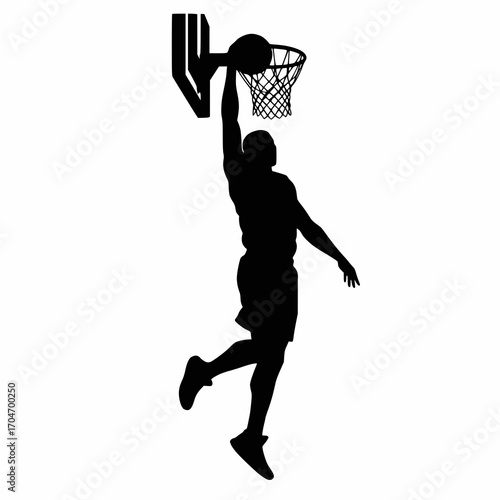 solid black vector silhouette of a basketball player dunking, white background