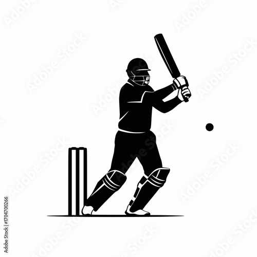 solid black vector silhouette of a cricket batsman hitting shot, white background