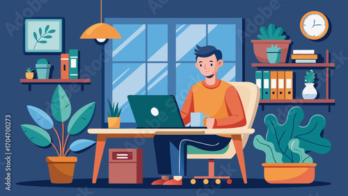 Person working on laptop in a room with plants and shelves