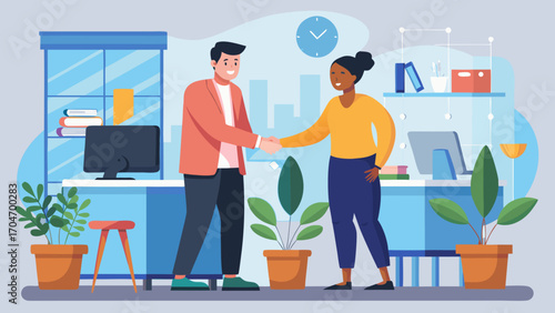 Two people shaking hands in an office environment scene