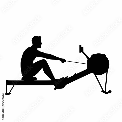 Google_AI_Studio_2025-09-solid black vector silhouette of a man rowing on rowing machine, white background