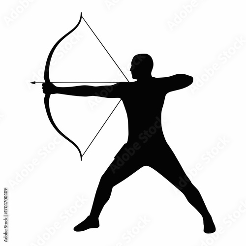 solid black vector silhouette of an archer aiming bow, white background