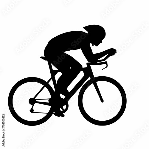 solid black vector silhouette of a cyclist in racing position, white background