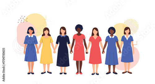 Diverse group of women holding hands celebrating unity and togetherness with abstract colorful circles in background