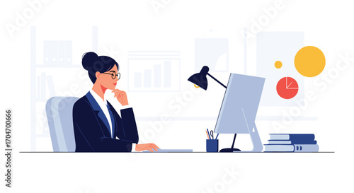 Businesswoman analyzing financial data on a computer screen in a modern office environment thoughtfully contemplating her strategy