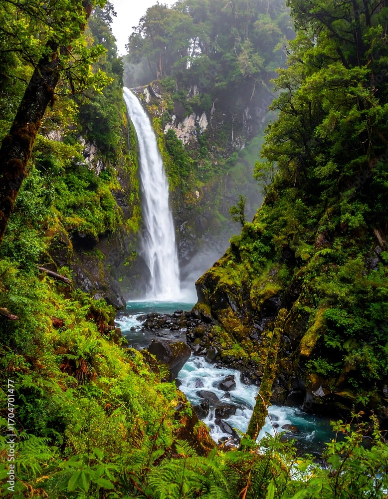 Fototapeta premium Lush waterfall in a misty forest