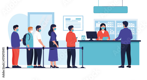 People in a queue waiting to be served at a service counter illustration showing social distancing