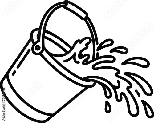 Simple line drawing of a bucket spilling water with splashes and drips.