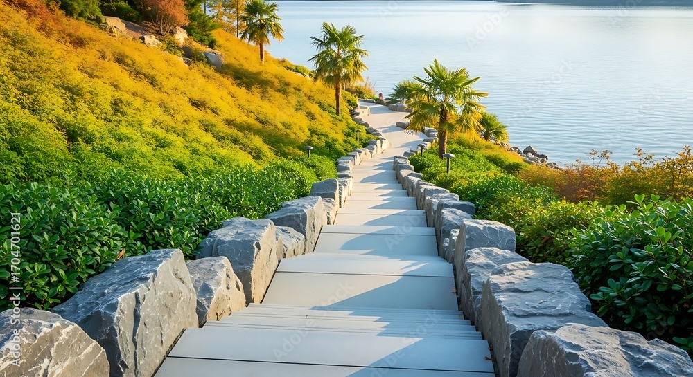 Fototapeta premium Scenic Pathway Through Lush Landscaping.