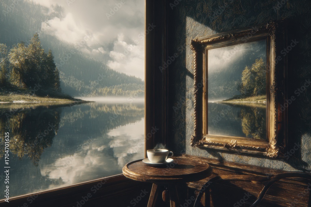 Naklejka premium Gilded Mirror Reflecting Serene Lake Landscape and Cloudy Sky, Beside a Quiet Cup in Dramatic Light.