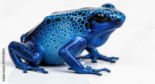 Striking studio shot of a vibrant blue poison dart frog with dark spots poised on a white backdrop