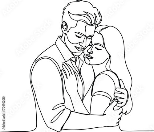 Tender embrace of a loving couple, captured in a single continuous line art style.