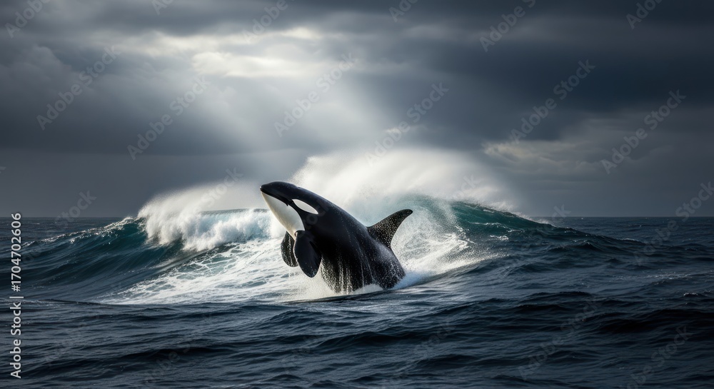Fototapeta premium Spectacular breach: Orca whale leaps from the ocean amidst crashing waves and dramatic skies