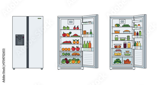 Modern kitchen appliance side by side refrigerator full of fresh food items organized neatly on shelves