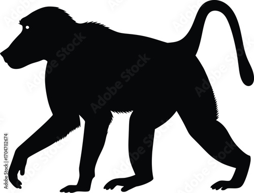 Silhouette of a baboon walking across a white background, conveying strength and primal movement