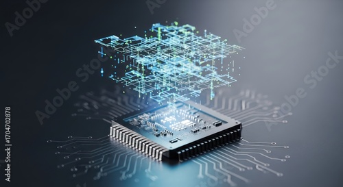 Advanced processor unit with digital grid overlay representing complex computing power and