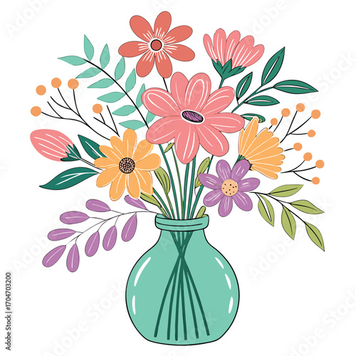 Colorful flower bouquet sits inside a shiny turquoise vase, showcasing various petal shapes against white