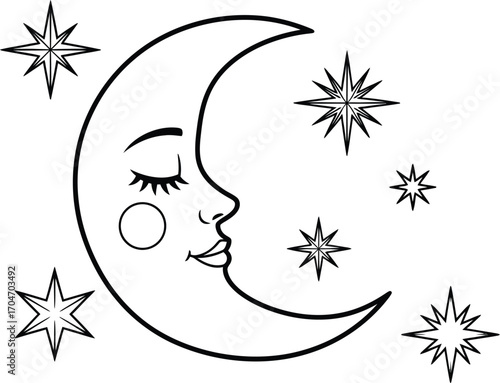 crescent moon with closed eyes surrounded by twinkling stars
