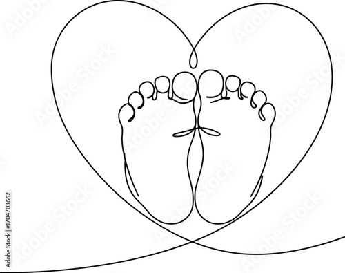 Delicate outline of tiny baby feet cradled within a loving heart shape, symbolizing new life and parental affection.