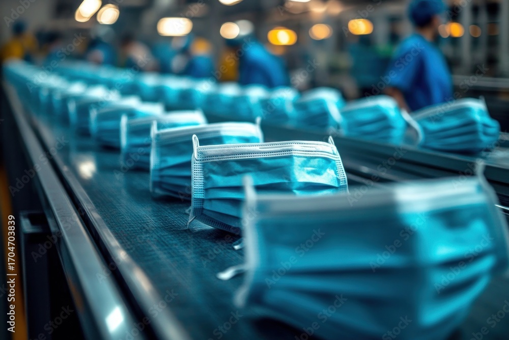Fototapeta premium Blue disposable face masks lined up on a conveyor belt in a factory with blurred workers in protective clothing in the background