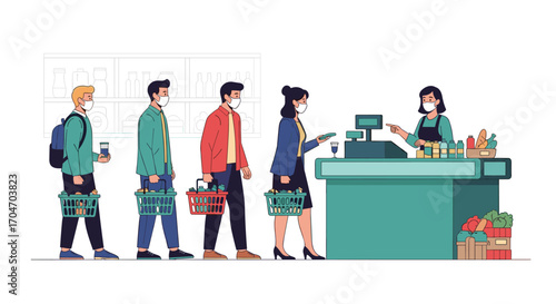 People wearing face masks in a grocery store queue waiting to pay at the checkout counter with shopping baskets