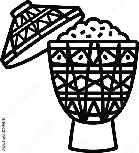 Traditional woven basket filled with grains, lid open, showcasing artisanal craftsmanship.