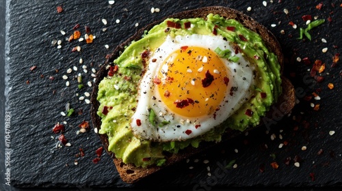 Avocado Toast with Fried Egg on Dark Slate Background Healthy Breakfast with Chili Flakes and Spices