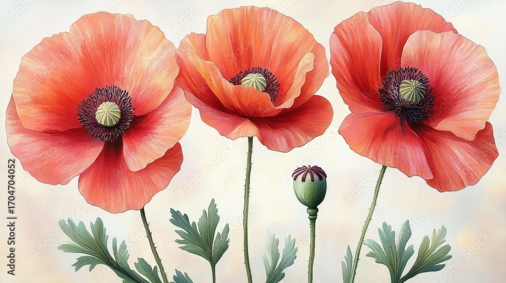 Obraz premium Three vibrant orange poppy flowers and two seed pods with green leaves on pale background evoking tranquility and natural beauty