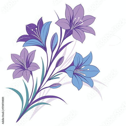 Elegant floral bouquet shows blooming purple and blue bellflowers, stylized leaves, and flowing white shadows