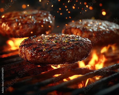 Close-up of seasoned beef burger patties cooking on a hot grill with flames and sparks igniting around them