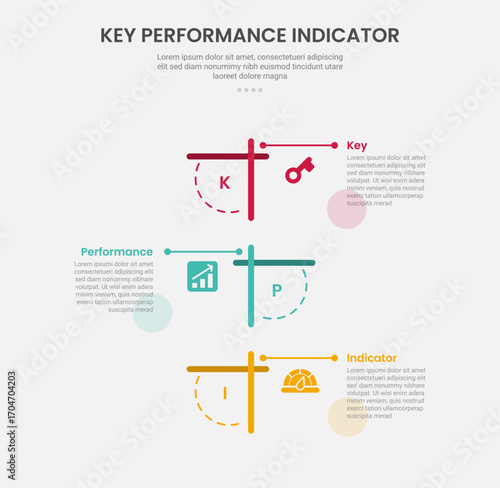 KPI key performance indicator infographic outline style with round rectangle line combination on vertical stack direction 3 point template with for slide presentation