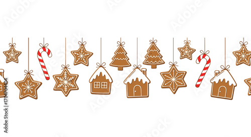Festive hanging gingerbread ornaments and candy canes for holiday decorations