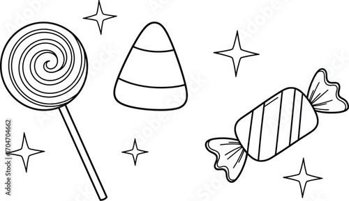 Whimsical Halloween treats and sparkling stars in a festive outline design