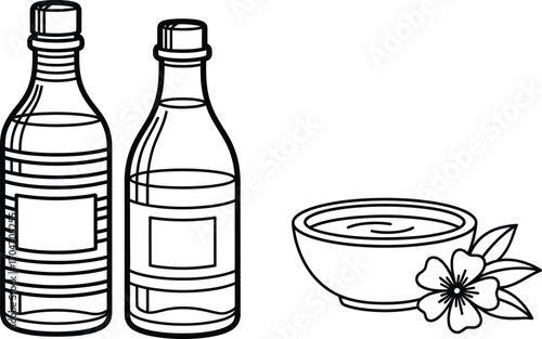Two glass bottles and a bowl with liquid and a flower, simple line art for culinary or cosmetic use.